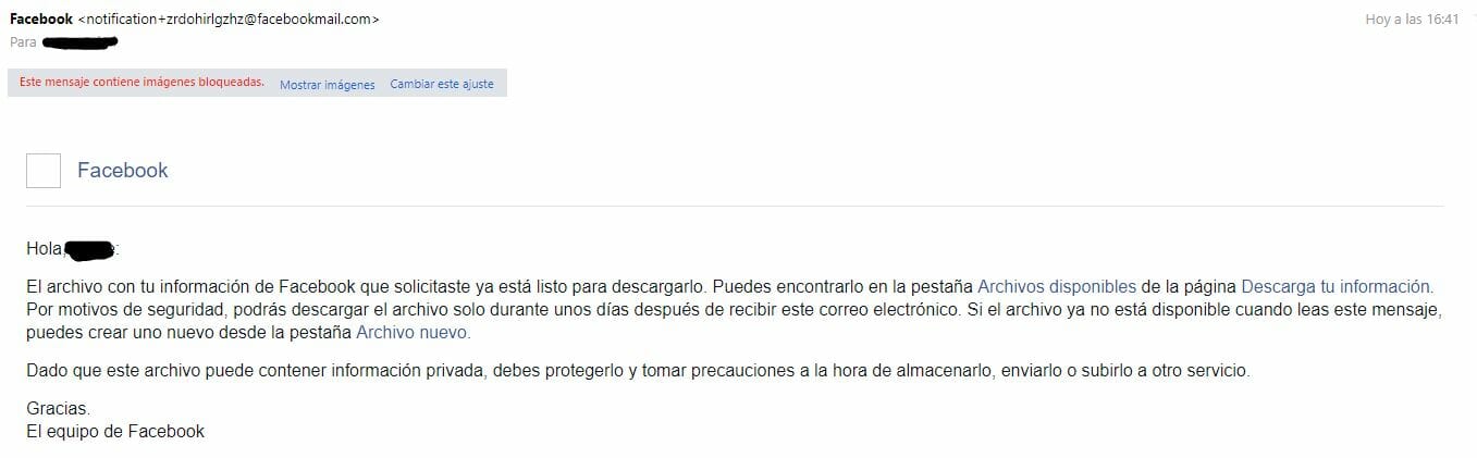 correo de la descarga de facebook